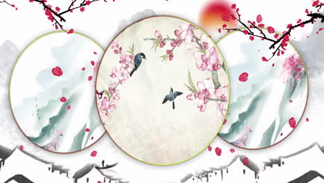 China's-traditional-Oriental-Digital-Art-Animation,-Chinese-painting-ink-in-mountain-with-flowers,-tree,-birds,-river-in-fog-background-artwork