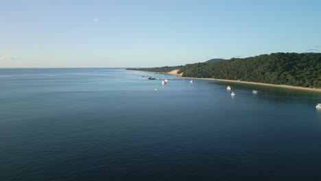 Coastline,-Moreton-Island-Australian-Beach-Drone-View-Boats-Float-in-Blue-Ocean