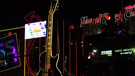 Las-Vegas-USA,-Exterior-of-Hard-Rock-Casino-Hotel-at-NIght-With-Famous-Guitar-Sign