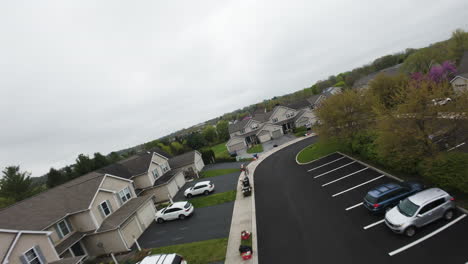 Spectacular-fpv-flight-over-residential-area-with-american-single-family-homes-in-suburb