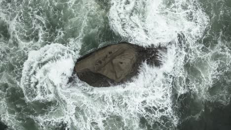 Fixed-top-down-perspective,-observe-the-coastal-scenery-of-Cape-Kiwanda-and-Pacific-City-Beach-in-Oregon,-USA