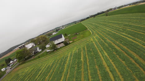 Freshly-mown-farm-field-in-America-during-cloudy-day-in-Spring