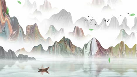 Animación-De-Arte-Digital-Oriental-Tradicional-De-China,-Tinta-De-Pintura-China-En-Montaña-Con-Flores,-árboles,-Pájaros,-Río-En-Obras-De-Arte-De-Fondo-De-Niebla