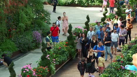 Menschen,-Die-Den-Weg-Durch-Das-Blumenfeld-Entlanggehen-Und-Die-Beliebte-Touristenattraktion-Singapurs,-Das-Gewächshaus-Mit-Blumenkuppel-Aus-Glas-In-Den-Gardens-By-The-Bay,-Besuchen-Und-Erkunden