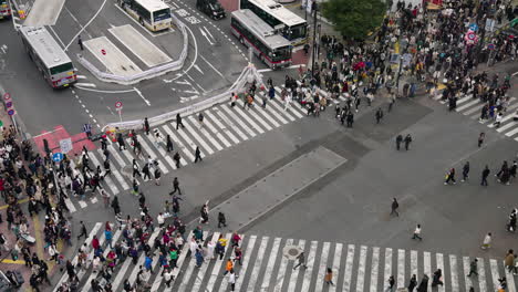 Menschen-überqueren-Die-Straße-An-Der-Shibuya-Kreuzung-In-Tokio,-Japan---Luftaufnahme