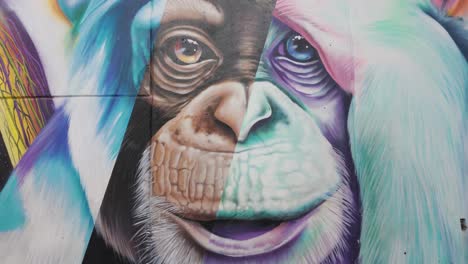 Striking-Comuna-13-mural-of-a-colorful,-expressive-monkey-face,-Medellin-Colombia