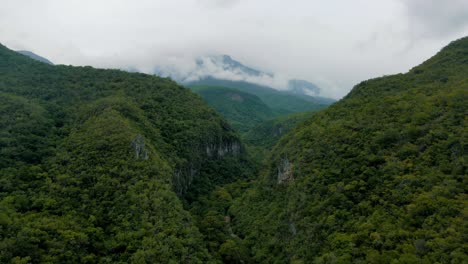 Aerial-view-over-a-huge-green-forest-in-the-mountains-with-beautiful-cliffs-and-clouds-in-the-background,-drone-footage