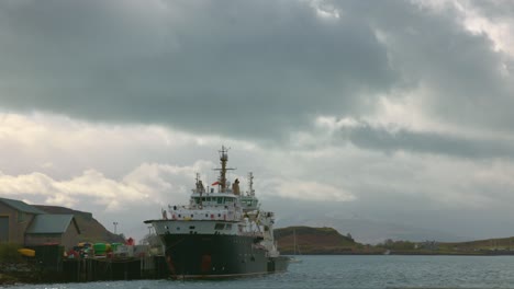 Hand-held-shot-of-a-ferry-docked-waiting-at-the-Oban-ferry-terminal