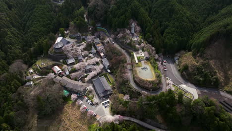 Vista-Aérea-Sobre-El-Templo-Budista-Con-árboles-De-Sakura-En-Japón---Disparo-De-Drones