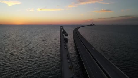 Aerial-view-of-Sunshine-Skyway-Bridge-during-golden-hour