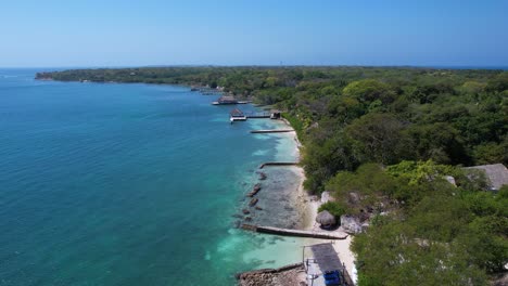 Aerial-View-of-Tropical-Lush,-Green-Island-and-Beach-on-Caribbean-Sea,-Drone-Shot