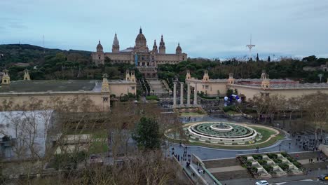 Barcelona-cityscape-with-national-art-museum-of-catalonia,-aerial-view