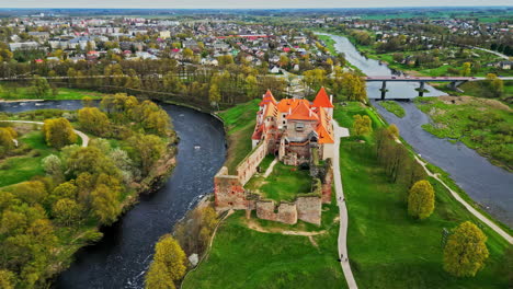 Aerial-View-of-Bauska-Castle-and-Town,-Latvia