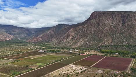 Hyperlapse-of-mountains-in-Cafayate,-aerial-view-of-vineyards-in-Salta-province,-Argentina