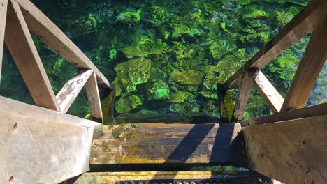 Wooden-Stairways-and-Emerald-Water-of-Mexican-Cenote-Natural-Pool-on-Sunny-Day