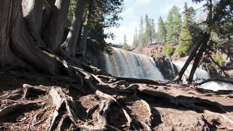 Knorrige-Baumwurzeln-Im-Vordergrund-Mit-Wasserfällen-Im-Hintergrund