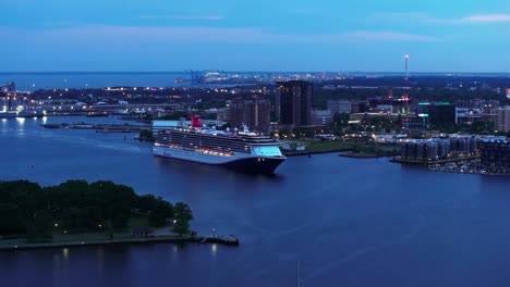 Drone-shot-of-Cruise-ship-entering-Elizabath-River-in-Hampton-Roads,-diverted-from-Baltimore-because-of-the-Francis-Scott-Key-Bridge-Collapse