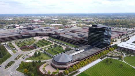 Entrance-to-Visitor-Parking-at-Chrysler-Technology-Center-CTC,-aerial-slide-left-shot