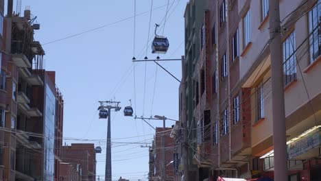 Cable-car-gondolas-go-over-neighborhood-buildings-in-La-Paz,-Bolivia