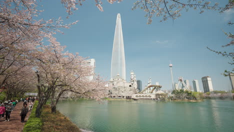 Korean-People-Walking-Under-Blooming-Cherry-Blossom-Trees-on-Walk-Path-Around-Seokchon-Lake-at-Songpa-Naru-Park,-View-of-Lotte-World-Tower-against-Blue-Sky