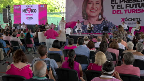 Mexican-female-presidential-candidate-Xochitl-Galvez-giving-a-speech-to-supporters-at-a-rally-talking-about-the-mayan-train