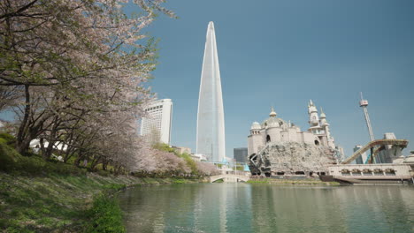 Seokchon-Lakefront-View-of-Lotte-World-Tower-Skyscraper-against-Blue-Sky-and-Theme-Park-Magic-Island-while-Trees-in-Cheery-Blossom-in-Spring-Seoul,-South-Korea