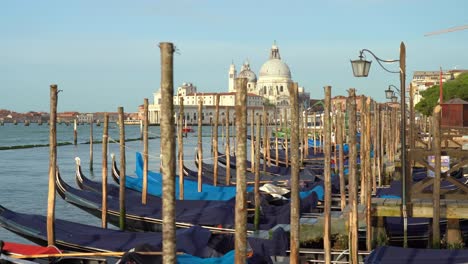 Überdachte-Schwimmende-Gondeln,-Die-In-Den-Frühen-Morgenstunden-An-Holzmasten-In-Venedig-Festgeschnallt-Sind