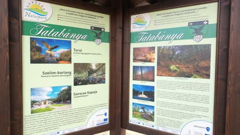 Tourist-information-board-about-the-Gerecse-nature-park's-outdoor-activities,-including-cave-and-pilgrimage-tours,-fountains,-and-an-open-air-museum