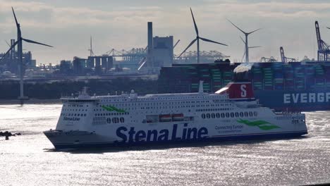 MV-Stena-Hollandica-Ferry-Sailing-In-Hook-of-Holland,-Netherlands---Drone-Shot