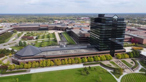 Wide-aerial-view-of-Chrysler-Technology-Center-Headquarters-building-facade