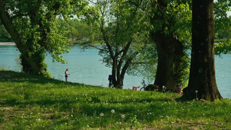 Sereno-Lago-Jarun,-Con-Personas-Pescando-Y-Descansando-Bajo-Frondosos-árboles