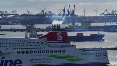 Hoek-van-Holland-Ship-Canal-With-Ferry,-Barge-And-Container-Ship-Adjacent-To-Container-Port-In-Netherlands