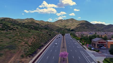 Drohnenflug-über-Den-Ankommenden-Verkehr-Entlang-Der-Railroad-Canyon-Road-In-Lake-Elsinore,-Kalifornien,-Mit-Palmen-In-Der-Mitte,-Mittleren-Wolken-Am-Himmel-Und-Schattenwurf