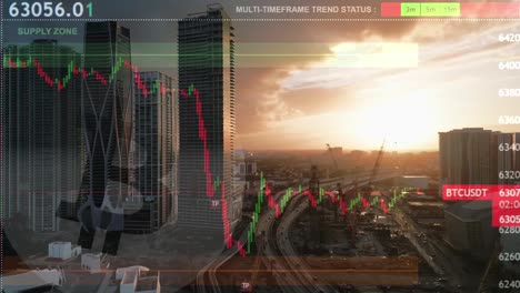 Logotipo-De-Bitcoin-Gráfico-De-Movimiento-Del-Mercado-De-Valores-Sobre-Miami-Usa-Cripto-Ciudad-Drone-Cielo-Fondo-De-Puesta-De-Sol,-Rascacielos-Edificios-Del-Centro