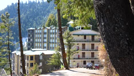 Revealing-shot-of-residential-buildings-in-a-mountainous-area