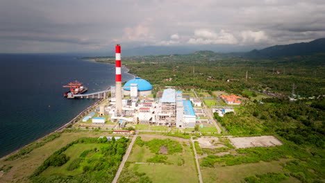 Drone-view-of-Celukan-Bawang-Bali-coal-fired-Power-Plant-on-coastline,-Indonesia