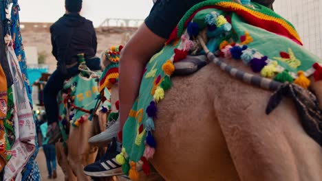 Tourists-ride-colorfully-dressed-camels-in-market-street-of-Nubian-village-with-dozens-of-local-handmade-craft-shops,-Aswan,-Egypt