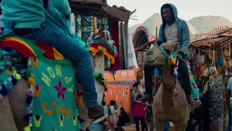 Camel-riders-drive-camels-dressed-colorfully-in-the-market-street-of-Nubian-village,-Aswan,-Egypt