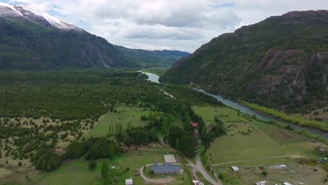 Aerial-View-Of-Chile---Argentina-Customs-Border-On-Valley-Floor-Beside-Futaleufu-River