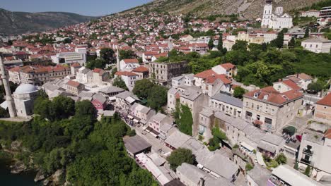 Koski-Mehmed-Pasha-Mosque-in-Mostar-Bosnia-Herzegovina,-aerial-establishing-overview