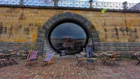 Static-shot-of-a-restaurant-inside-a-tunnel-with-an-outdoor-terrace