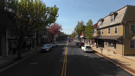 Smooth-flight-over-colorful-street-with-bloom-trees-in-small-american-town