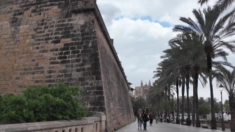 Baluard-De-Sant-Pere-Palma-De-Mallorca-Promenade-Mit-Fußgängern-Und-Palmen-Mit-Kathedralentürmen-Im-Hintergrund