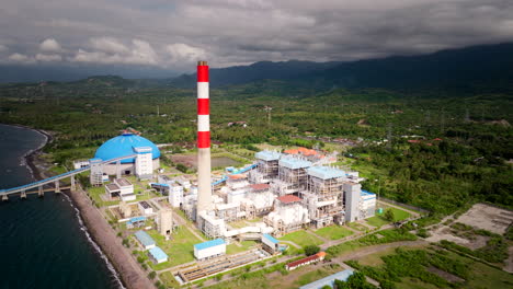 Coal-Power-Plant-of-Celukan-Bawang-on-Bali-North-Coast,-aerial-arc