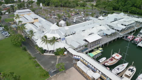 Aerial-Drone-Top-Down-White-Resort-Architecture,-Blue-Bay-Port-Douglas-Australia