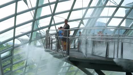 People-stroll-along-the-aerial-walkway-in-Cloud-Forest-greenhouse-conservatory-at-Gardens-by-the-Bay-in-Singapore,-misty-water-spray-used-for-temperature-control,-creating-a-magical-atmosphere