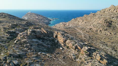 Aerial-footage-of-Paros'-coastline,-one-of-the-many-Cyclades-Islands-in-the-Aegean-Sea