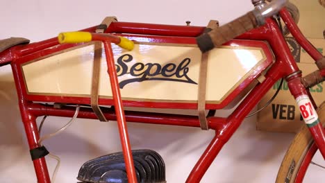 Close-up-of-vintage,-antique-Csepel,-or-Sepel-motorbike-in-museum