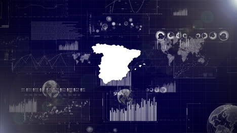 Unternehmenshintergrund-Des-Landes-Spanien-Mit-Abstrakten-Elementen-Von-Datenanalysediagrammen.-Ich-Zeige-Ein-Technologisches-Video-Zur-Datenanalyse-Mit-Globus,-Wachstum,-Grafiken-Und-Statistischen-Daten-Des-Landes-Spanien.