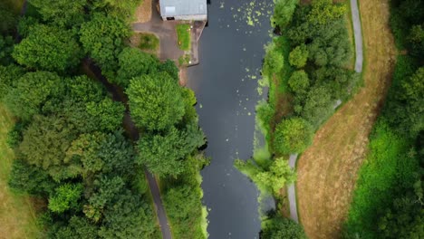 Overhead-aerial-shot-of-Shaws-Bridge,-a-nature-reserve-in-Belfast,-Northern-Ireland